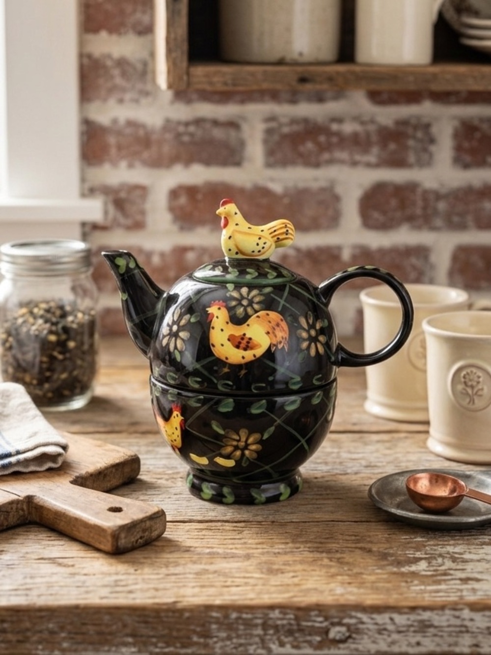 Mesa International Porcelain "Tea for One" Farmhouse Chicken Teapot & Cup Set